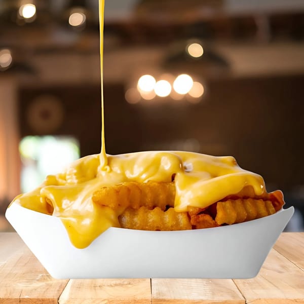 Golden crinkle-cut fries in a white bowl, generously topped with melted yellow cheese sauce.
