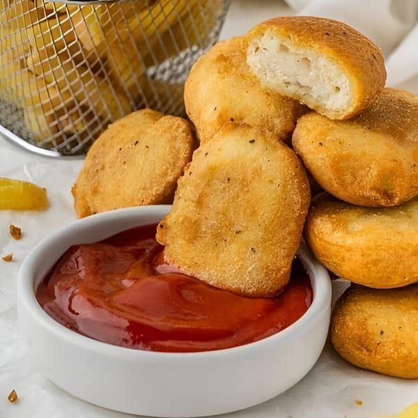 Golden-brown WattaBun chicken nuggets with ketchup and a side of fries in a metal basket.