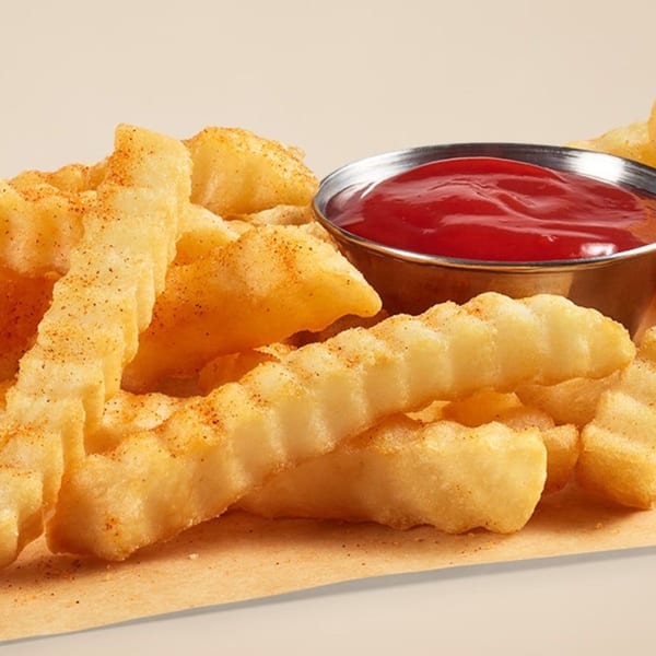 Crispy crinkle-cut fries seasoned with spices, served with a side of bright red ketchup.