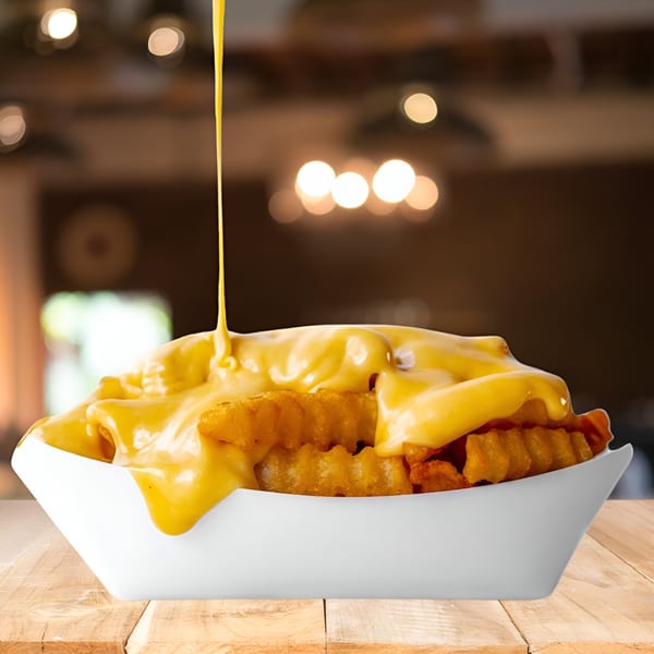Golden crinkle-cut fries in a white bowl, generously topped with melted yellow cheese sauce.